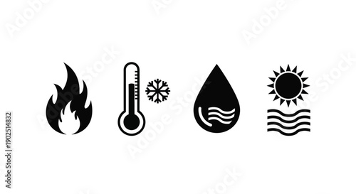 Weather icons depicting fire temperature water and sun a silhouette