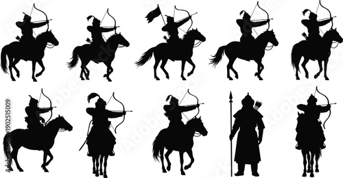 Mounted archer warrior silhouette icon set, horse rider, bow arrow, spear quiver, battle pose, vector illustration, black pictogram, history, culture, tradition