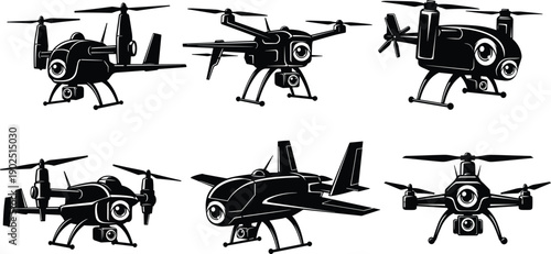 Black and white drone in different angles and positions drones unmanned aerial vehicle