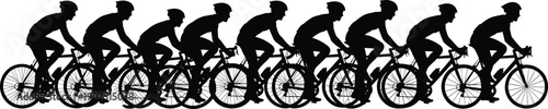 Black silhouettes of cyclists riding bicycles in a line bike riders