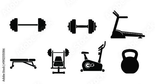 Black silhouettes of gym equipment against a white background silhouette