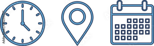 Clock time location pin and calendar date vector blue line icons set on transparent background