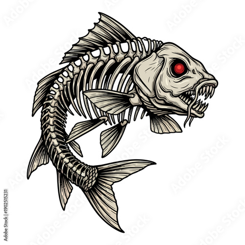 Skeleton carp fish with red eyes and sharp teeth vector illustration on white background
