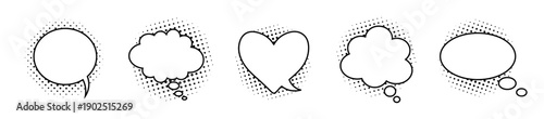 A set of five white speech bubbles and clouds of thoughts in different shapes for comics, conversations, and idea presentations. A collection of speech bubbles with elements of explosions from comics