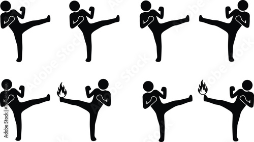Black silhouettes of people kicking in various martial arts poses white background