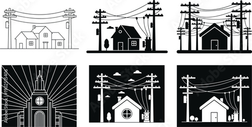 Residential houses with electric power lines silhouettes isolated vector illustration neighborhood utility poles electricity distribution urban infrastructure set