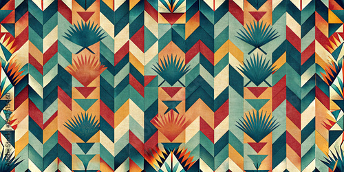 Abstract chevron pattern with tribal motifs and geometric shapes, colorful seamless traditional textile design