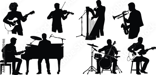 Musician silhouette icon set, guitar player, violin performer, harp melody, trumpet sound, piano harmony, drum beat, accordion folk, cello music, vector illustration