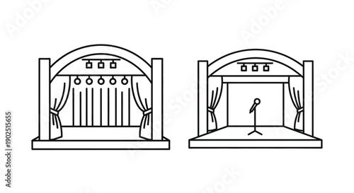 Two stage designs with curtains and a performer a black silhouette