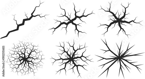 Set of cracked ground and lightning fracture silhouettes, abstract split and broken surface shapes, black grunge texture elements isolated for design use