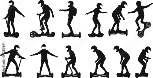 Personal electric transport silhouette icon set, hoverboard rider, scooter pose, urban mobility, vector illustration, black pictogram, balance, motion, commute, tech