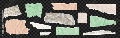 Torn newspaper vector bundle features white, green, beige tan paper rip texture. Kit of cut pieces, note scraps, tear strip shapes for collage. Blank sheet piece bundle on like transparent png bg
