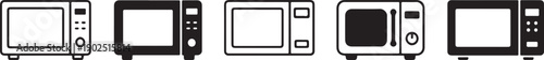 A row of five black and white icons representing different styles of microwave ovens on a white background