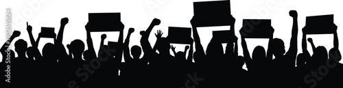 Black silhouettes of people holding signs and raising fists protest demonstration