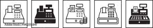 A collection of five minimalist icons representing different aspects of cash registers and retail point-of-sale systems