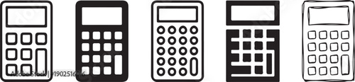 A set of five different calculator icons displayed in a row, ranging from outline to solid styles
