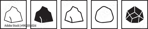 A set of five minimalist icons illustrating different types of onigiri fillings and seasonings in black and white.