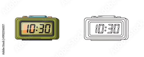 Flat cartoon style digital alarm clock with green body and glowing display showing ten thirty in both colored and linear versions on white background for morning and time concepts