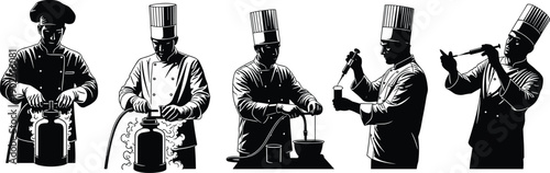 Black and white of chefs cooking with gas cylinders and utensils kitchen