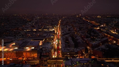 Berlin Steglitz shopping street Snow winter evening. Best aerial view drone