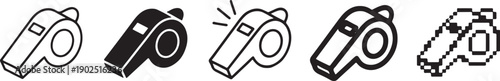 A collection of five different sporting whistle icons in various styles, including outline and solid fill versions