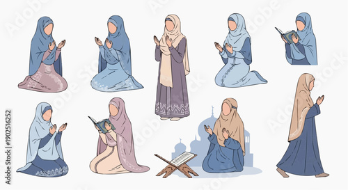 Muslim women praying and reading quran in various positions and outfits