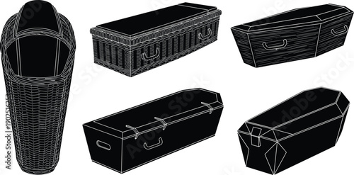 Black and white of coffins and casket wicker casket wooden coffins
