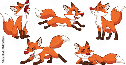 Collection of cute cartoon fox characters featuring expressive poses including running yawning and resting for children storybook illustration and wildlife mascot vector design