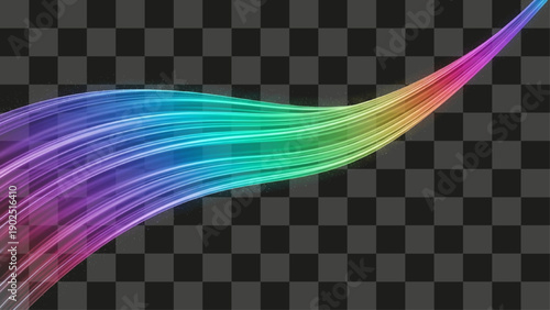 Rainbow Light Flowing Wave Graphic Element with Glowing Prismatic Spectrum Colors on Transparency.