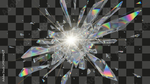 Crystal Shards Exploding Broken Glass Fragments Rainbow Spectrum Refraction Effect Transparent Backdrop