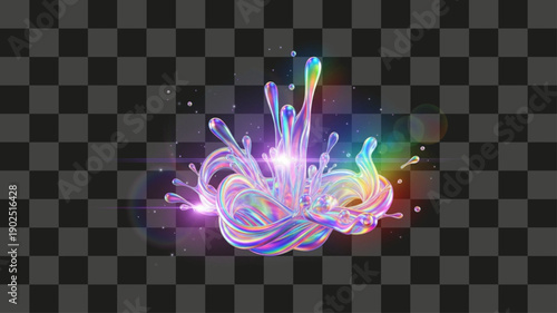 Holographic Fluid Abstract Splashing Flow Liquid Material Glossy 3D Illustration Rainbow Spectrum Chromatic Light