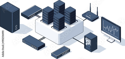 Network infrastructure illustration with servers, router, switches, monitor, and cables, vector design, editable, isolated IT system graphic