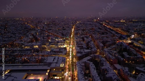 Berlin Steglitz shopping street Snow winter evening. Perfect aerial view drone