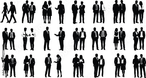 Business professionals silhouettes, teamwork illustration, corporate communication, office collaboration, workplace interaction, formal attire, partnership concept,