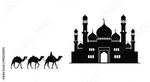 Camels walking towards a mosque in a striking black silhouette