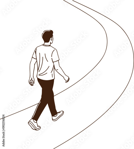 A man walking along a curved path depicted in a simple illustration. Vector, illustration