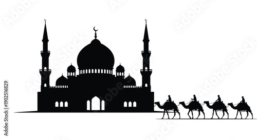 A stunning mosque and camel caravan in stark black silhouette