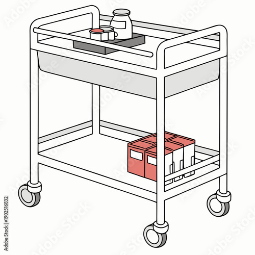 Clean vector illustration of a hospital medicine trolley, for transporting medications and supplies, isolated on a white background.