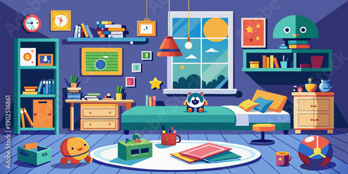 Dormitorio de un niño pequeño con espacio para los juguetes y el estudio, creada con IA generativa
