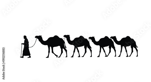 A camel caravan travels across a barren landscape a striking silhouette
