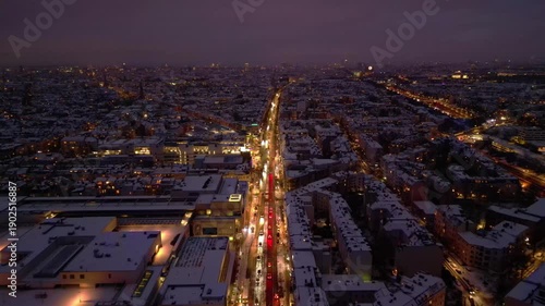 Berlin Steglitz shopping street Snow winter evening. Lovely aerial view drone