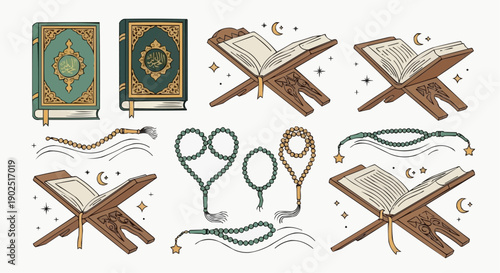 Islamic prayer beads and holy books on wooden stands with crescent moons