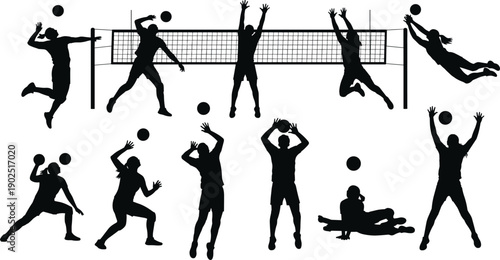 Volleyball player silhouette icon set, serving, spiking, blocking, diving, setting, receiving, net action, team sport, vector illustration, black pictogram, athletic movement, competition