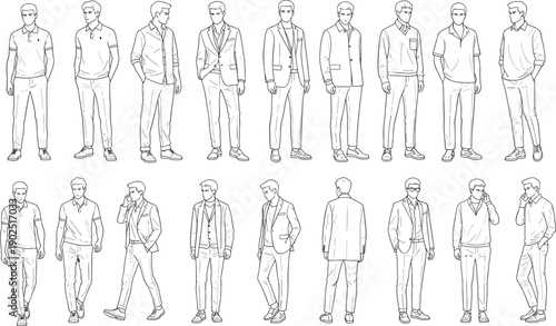 Male fashion illustration, clothing styles, casual wear, formal attire, modern outfits, posture study, walking pose, standing figure, design sketch, lifestyle concept