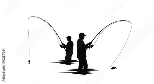 Two fishermen casting lines in water a striking silhouette