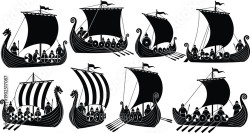 Viking longship silhouette icon set, Norse maritime culture, dragon prow design, shield decoration, warrior crew, vector illustration, black pictogram, history, heritage