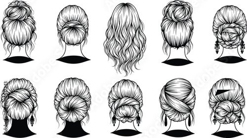 Women hairstyle silhouettes, back view illustration, bun styles, braided updos, ponytail design, elegant hair fashion, beauty concept, salon inspiration, creative styling, accessories