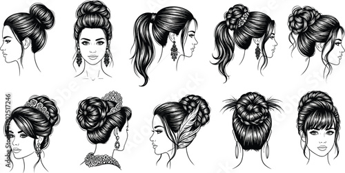 Women hairstyle illustration, ponytail design, bun style, braided hair, elegant updo, fashion sketch, hair accessories, beauty concept, creative styling, salon inspiration