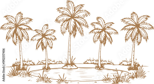 A serene illustration of palm trees in a tropical landscape. Vector, illustration