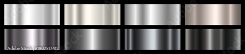 A set of metallic silver, platinum and black gradients. A collection of eight shades of silver. Polished glossy abstract background. Vector EPS 10.